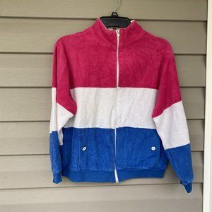 Vintage Gertrude Davenport Terrycloth Jacket Beach Color Block Pink Blue White